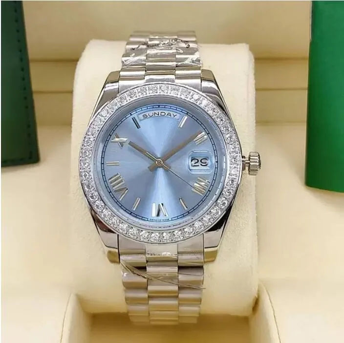 2 styles Men's Automatic Watch Fashion classic Roman ice Blue face 41mm diamond bezel Stainless steel fold buckle187V
