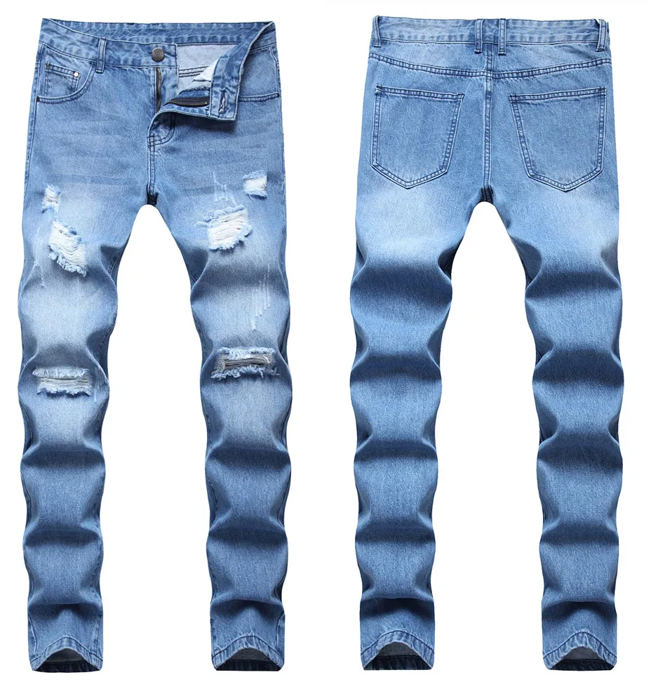Джинсы мужчина мужчина слабые брюки для хлопчатобумажной джинсовой ткани 2022 эластичные разорванные скинни -байкерскую вышивку