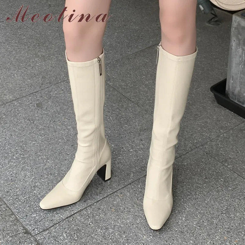 Meotina cuir véritable talon haut bottes extensibles femmes bottes hautes chaussures bout pointu bloc talons Zip bottes longues Beige 33-43 210520