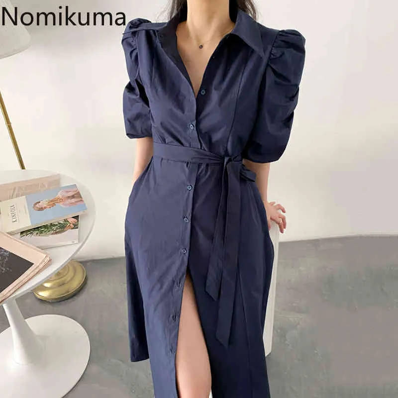 Nomikuma causale vrouwen blouse jurk lace up slanke taille elegante Koreaanse jurken bladerdeeg mouw single breasted vestidos de mujer 6h074 210427