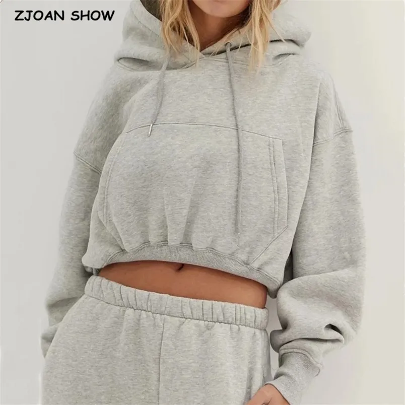2 stycken uppsättning harajuku långärmad hoodies fleece beskuren hooded tröja framfickor kvinnor elastiska midja sport byxor 210429