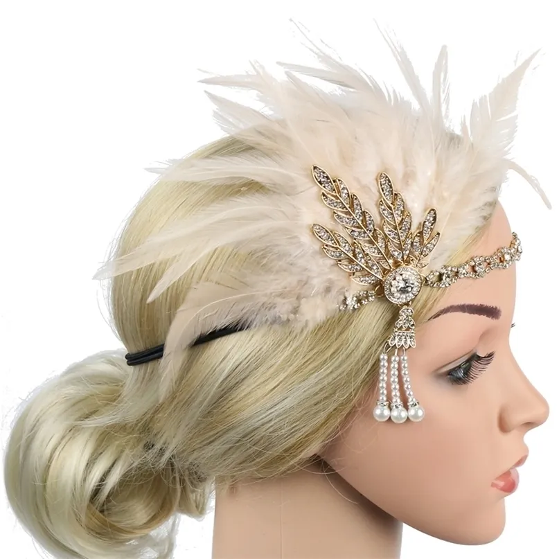 1920er-Jahre-Flapper-Stirnband, Feder-Kopfschmuck, brüllender 20er-Jahre-Great-Gatsby-inspirierter Blattmedaillon, Perlen-Haarschmuck für Damen 220224