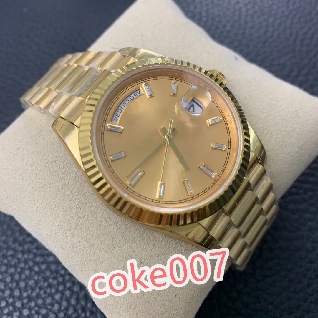 Originele box-polshorloges BF Maak nieuwe gemaakte dag-datum II 218399 Geel Gold Case en wijzerplaat Diamanten Automatische Mode Herenhorloge Horloge