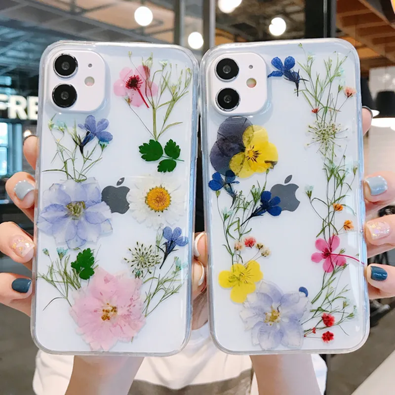 Färgglada Dry Flower Phone Fodral för iPhone 11 12 Pro Max XS XR SE 7 8 Plus Cellphone Protective Shell Untra-Tunt Clear Cover