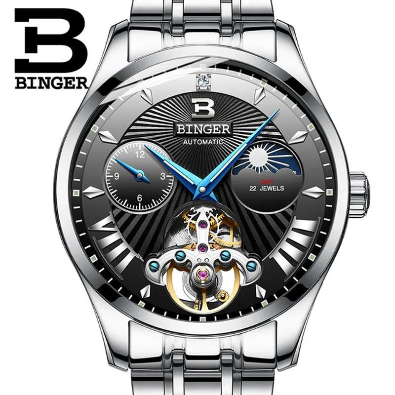 Schweiz Binger Watch Men Automatiska mekaniska klockor Sapphire Write Waterproof Tourbillon armbandsur