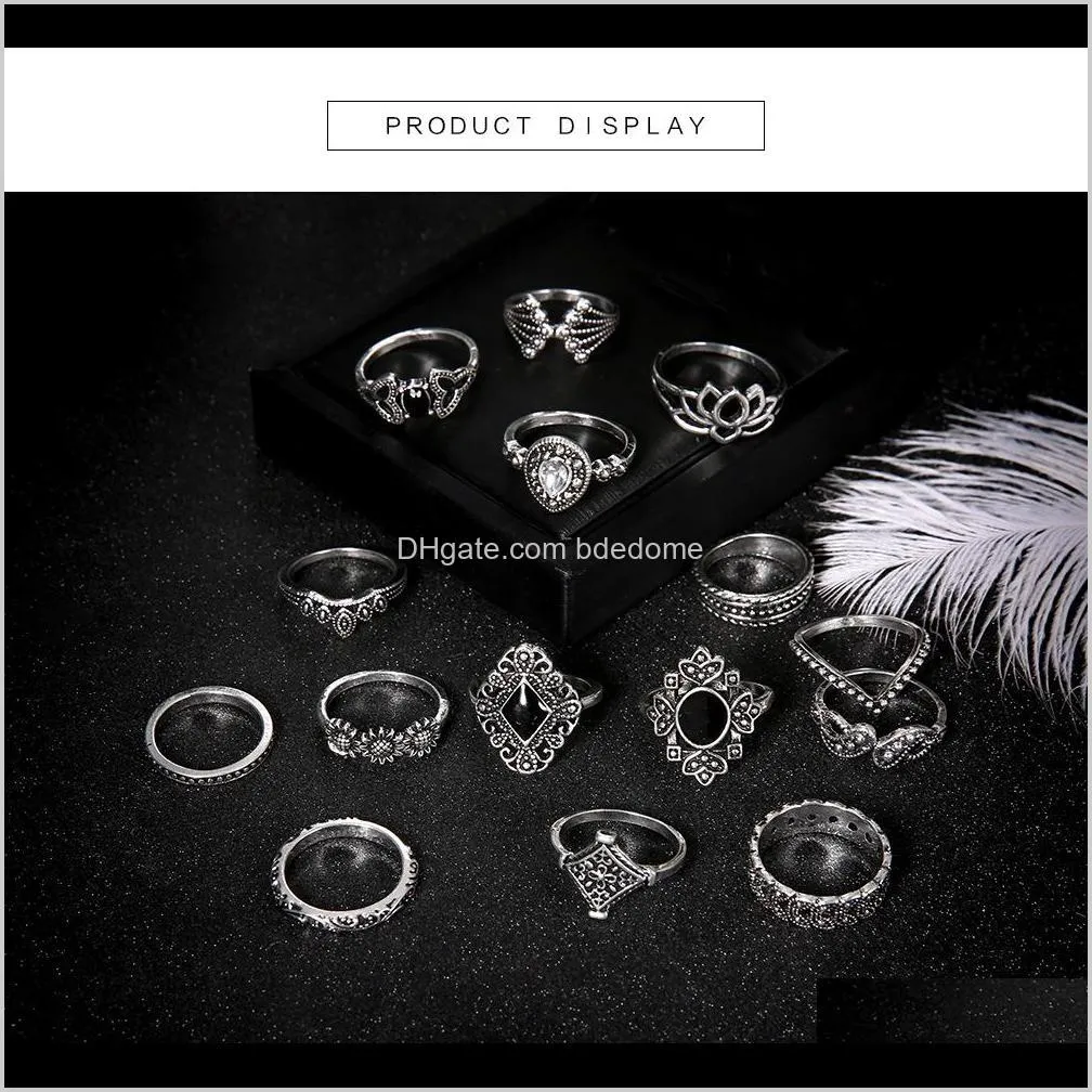  shipping bohemian retro ancient anemone female new personality ring 15-piece set