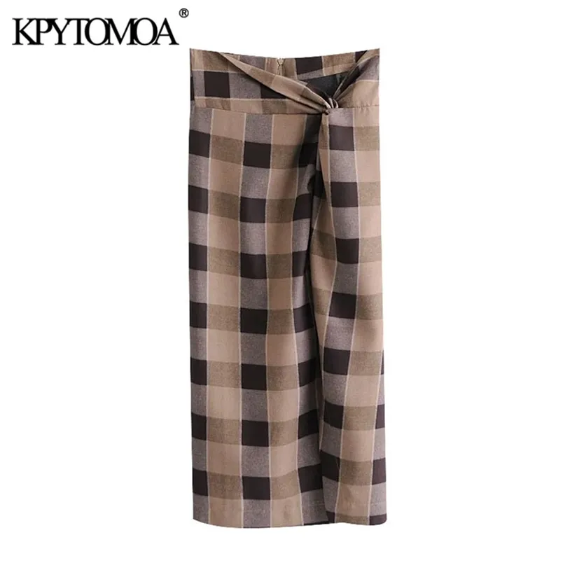 Women Fashion With Knot Side Vent Checked Midi Skirt High Waist Back Zipper Female Skirts Mujer 210420