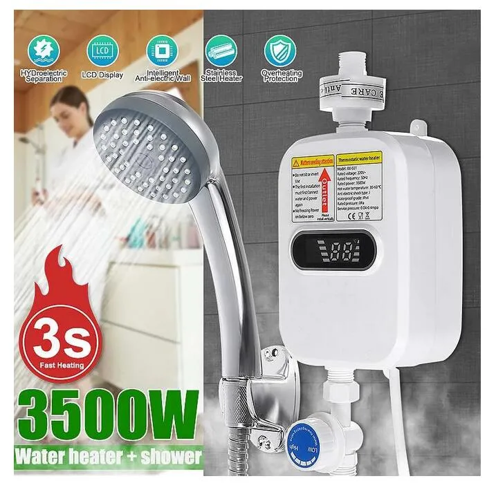 Instant elektrische doorstroomboiler, 220 V, badkamer, doucheverwarming, max. 55 ℃ 6500 W, tankloze badkamer, douche, warm water, digitaal display ( rood