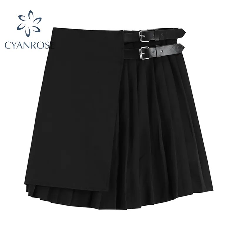 Harajuku Streetwear Buttons Side Open Pleated Crop Skirt Women Punk Gothic Black High Waist Mini Skirts Y2K Tide Egirl Clothing 210417