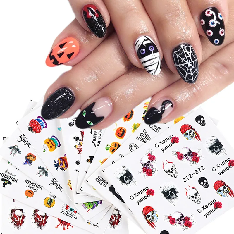 Nail Stickers Halloween skull maple pumpkin 24designs Mix per set Water Decals Wraps For Nail Decoration Manicure Colorful Tip