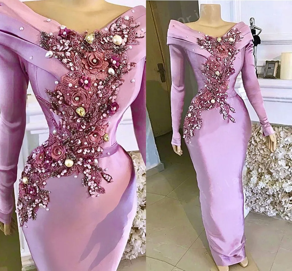 Desinger Light Purple Lavender Mermaid Avondjurken 2021 Lange Mouwen Satijn Bloemen Kant Aso Ebi Prom Party Dress Formele slijtage