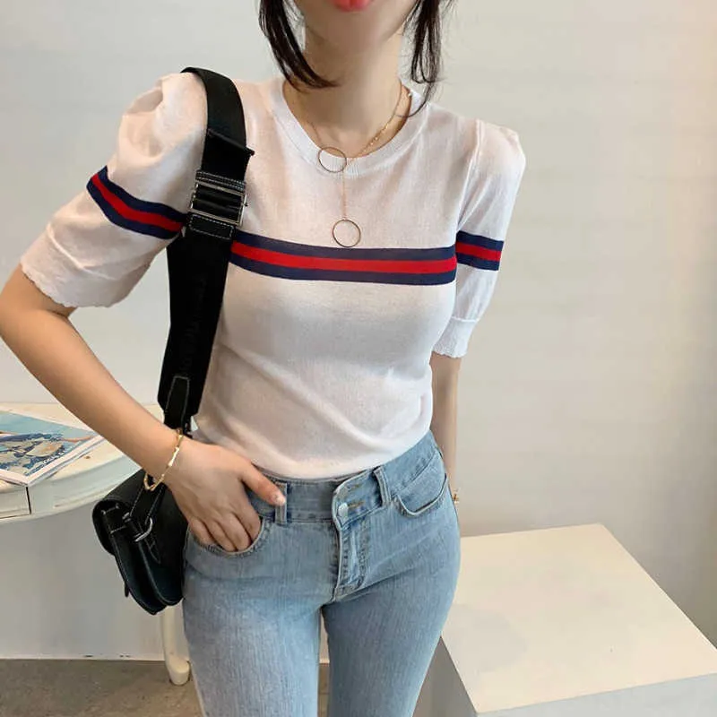 Korean Summer Chic Puff-Sleeved Woman O-Neck Striped Pullovers Tee Slim Fashion Knitted Bottoming T-Shirt One Size 210527