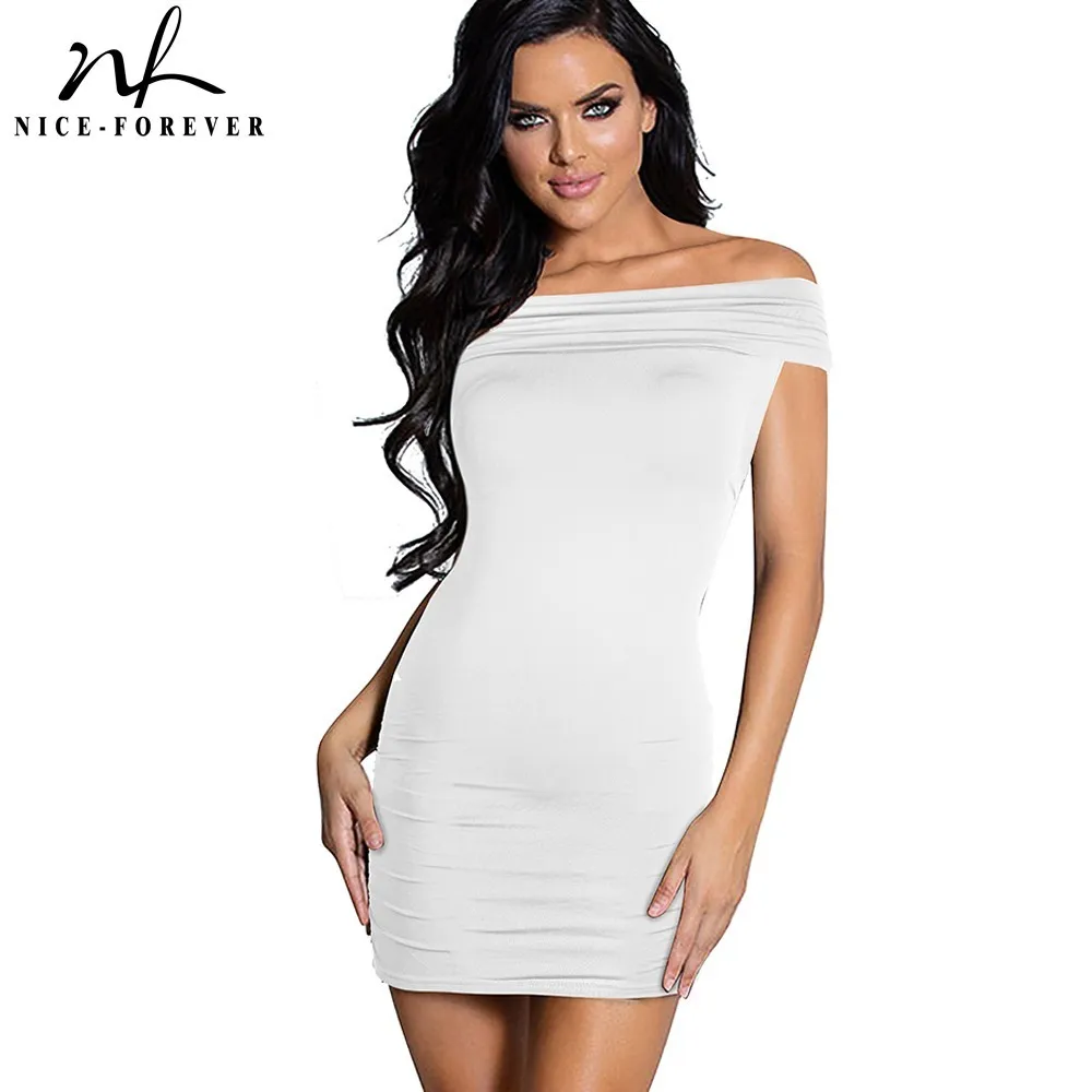 Nice-Forever Summer Women Sexy Backless Off spalla Abiti Club Party Bandage Tube Abito più corto 107 210419