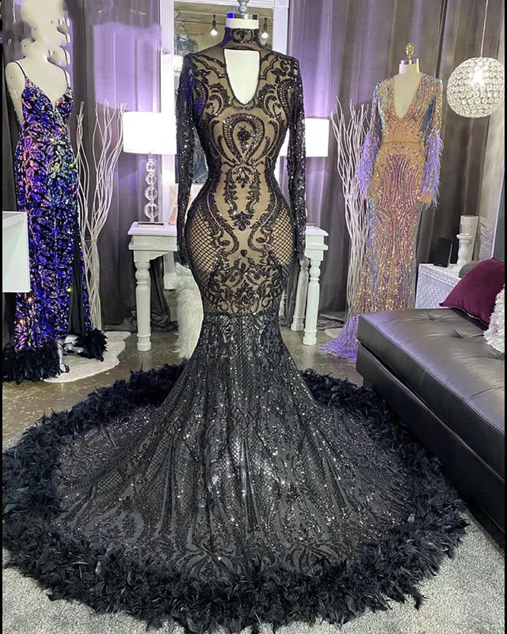 Sexy Mermaid Lange Mouwen Avondjurken See Through Black Sequined African Girl Feather Fishtail Prom Dresses 2022 Echte foto