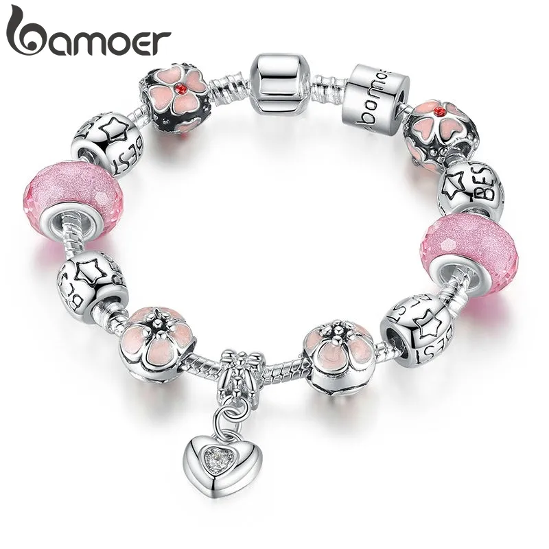 Silver Plated Charm Bracelet with Heart Pendant & Cherry Blossom Charm Pink Murano Glass Beads Friendship Bracelet PA1459 210512