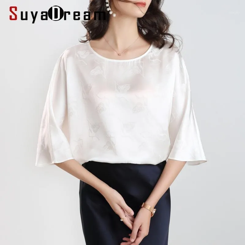 Blusas das mulheres Camiseta Suyadream Mulheres Elegante 100% Silk Cetim Branco Jacquard Half Sleeved Escritório Blusa Camisa 2021 Primavera Verão Top