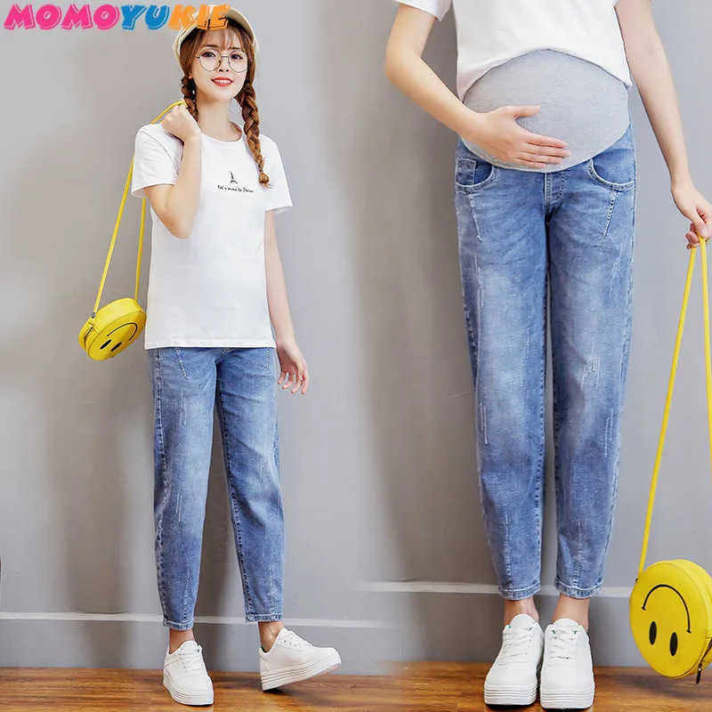 Jeans premaman in denim lavato Vintgae per vestiti per donne incinte Vita elastica Pancia Pantaloni larghi Gravidanza Gravidas Abbigliamento 210721