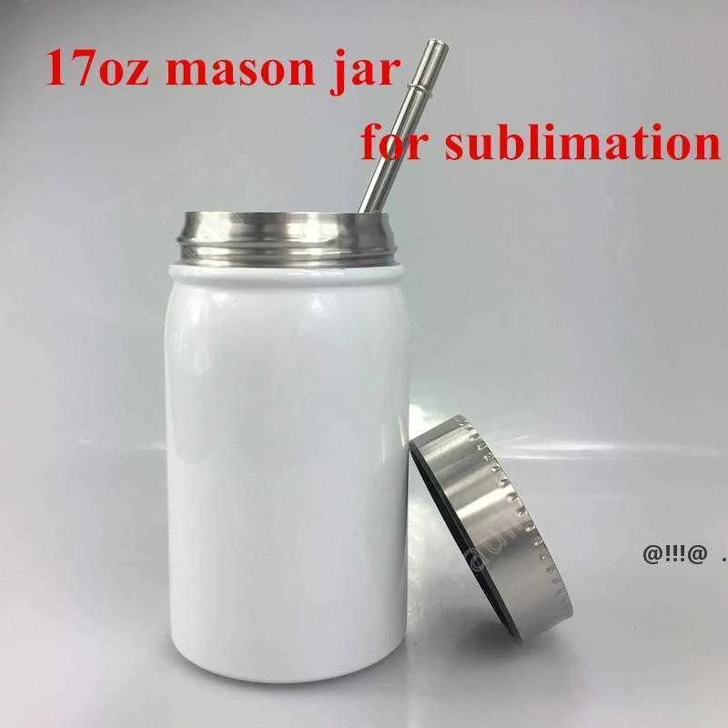 Biała Sublimacja Mason Jar Podwójna ściana 17oz stali nierdzewnej Słoiki Masonowe Kubek z pokrywką Słomy Kawa Piwo Sok Kubek Próżniowy Way DAF367