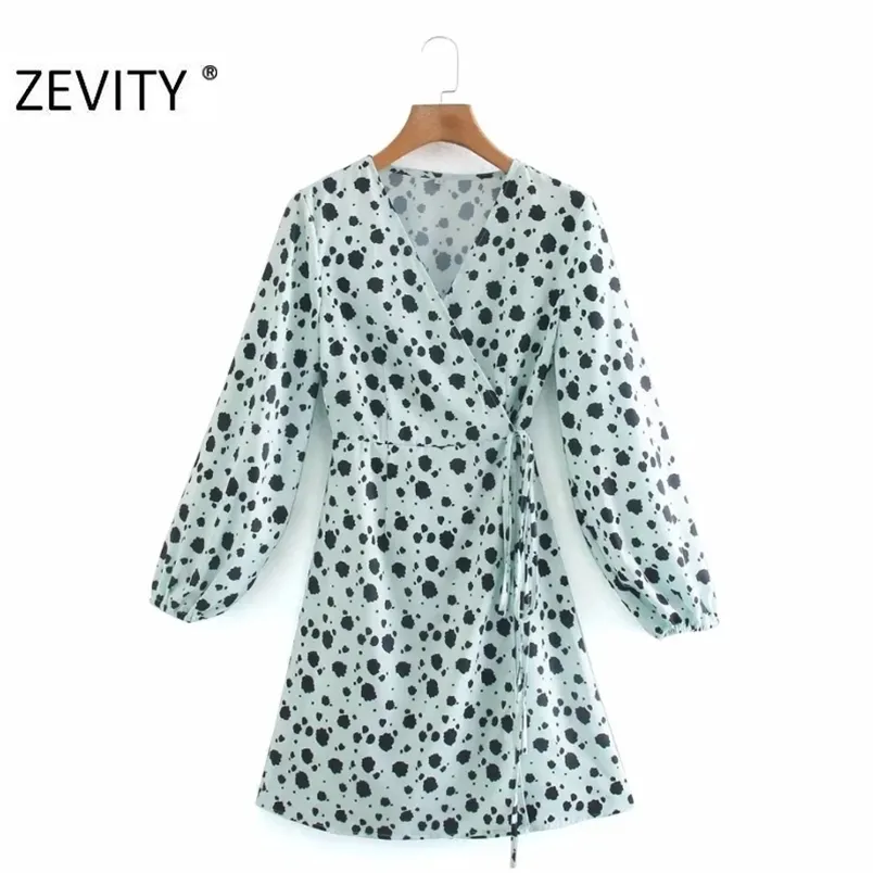 Kobiety Elegancki Krzyż V Neck Tie Dye Dots Drukowanie Koronki Mini Dress Kobieta Smoking Puff Sleeve Casual Kimono Vestido DS4633 210420