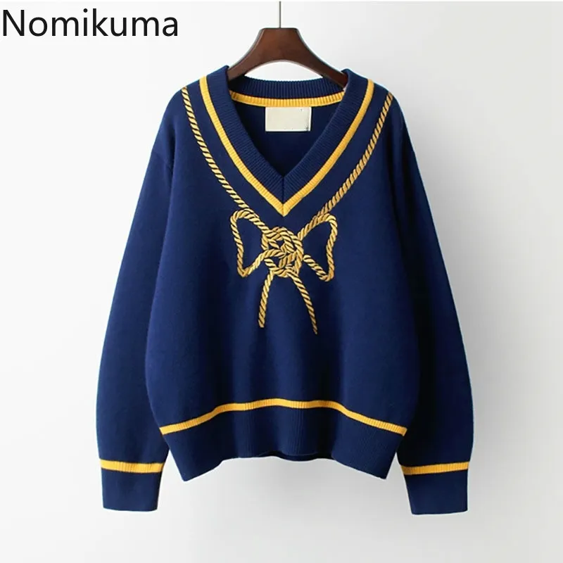 Nomikuma v-hals lange mouw trui vrouwen boog knoop patroon casual losse pullover jumpers Koreaanse chique mode tops 3D306 210514