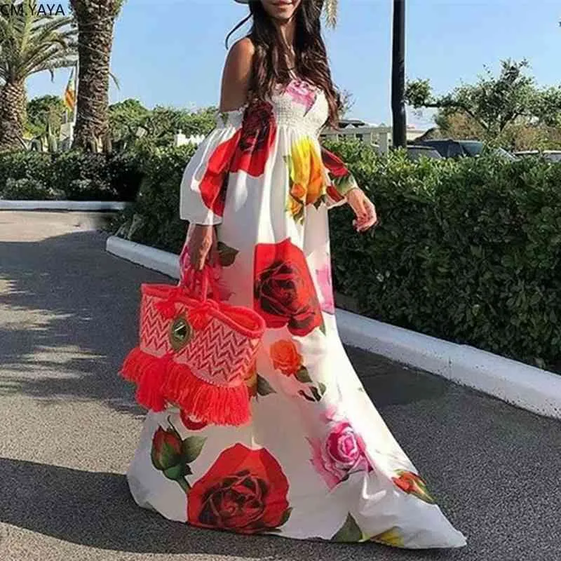 Kadınlar Zarif Tunik Yüksek Bel Elastik Şifon Çiçek Baskı Kapalı Omuz Maxi Elbise Bohemian Plaj Uzun Elbiseler Vestidos GL268 210401