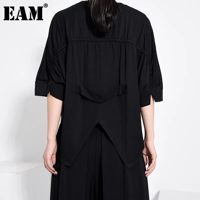 [Eam] mujeres negras plisado platado camiseta grande de tamaño grande cuello redondo de manga larga de manga larga verano 1x45901 210512