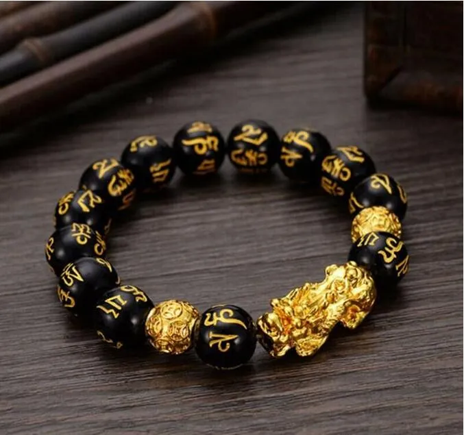 Feng Shui Obsidienne Pierre 12mm Perles Brins Bracelet Hommes Femmes Unisexe Bracelet Or Noir Pixiu Richesse et Bonne Chance Bracelets Cadeau