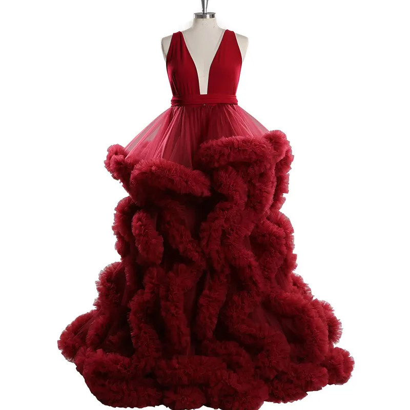 Illusion Sleepwear Red Sheer Maternity Robe för Photoshoot Extra Puffy Tulle Gravid Kvinnor Rorberar Fotografi Klänning Verkliga Foton