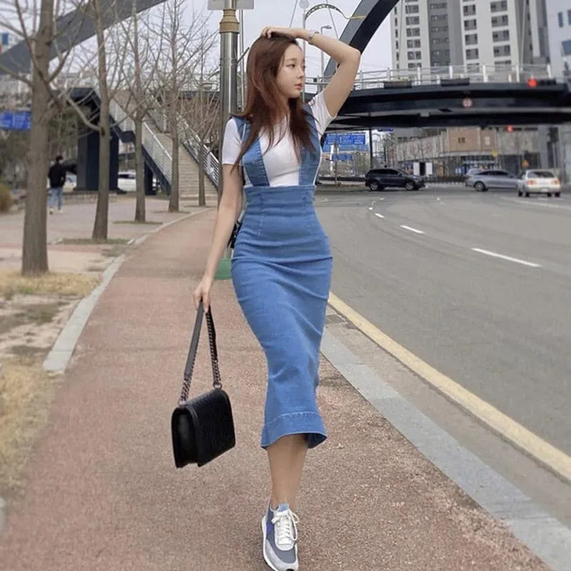 Vestidos Casuales Moda Coreana Bodycon Denim Mujeres Suspensores Sin Mangas Ladies Slim Cintas Jeans Vestidos Vestidos € | DHgate