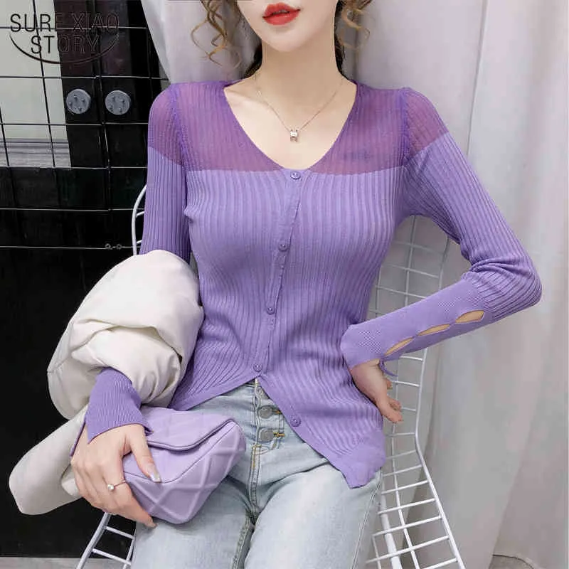 Autumn Wool Korean Slimming Long Sleeve Sweater Super Breathable Hollow Sunscreen V-neck Women's Cardigans 10601 210508