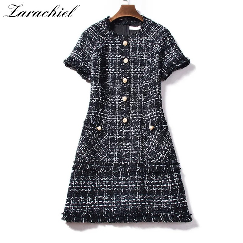 Retro Plaid Ull Vinterklänning Runway Tweed Kvinnor Kortärmad Tassel Fringe Trim Beading Vintage Dresses Vestidos 210416