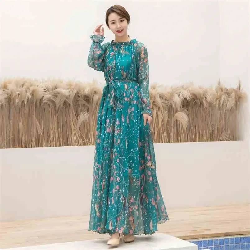 Plus Size Long Sleeve Bohemia Floral Beach Maxi Dress Summer Casual Loose Dresses Lightweight Sexy Chiffon bridesmaid Sundress 210915