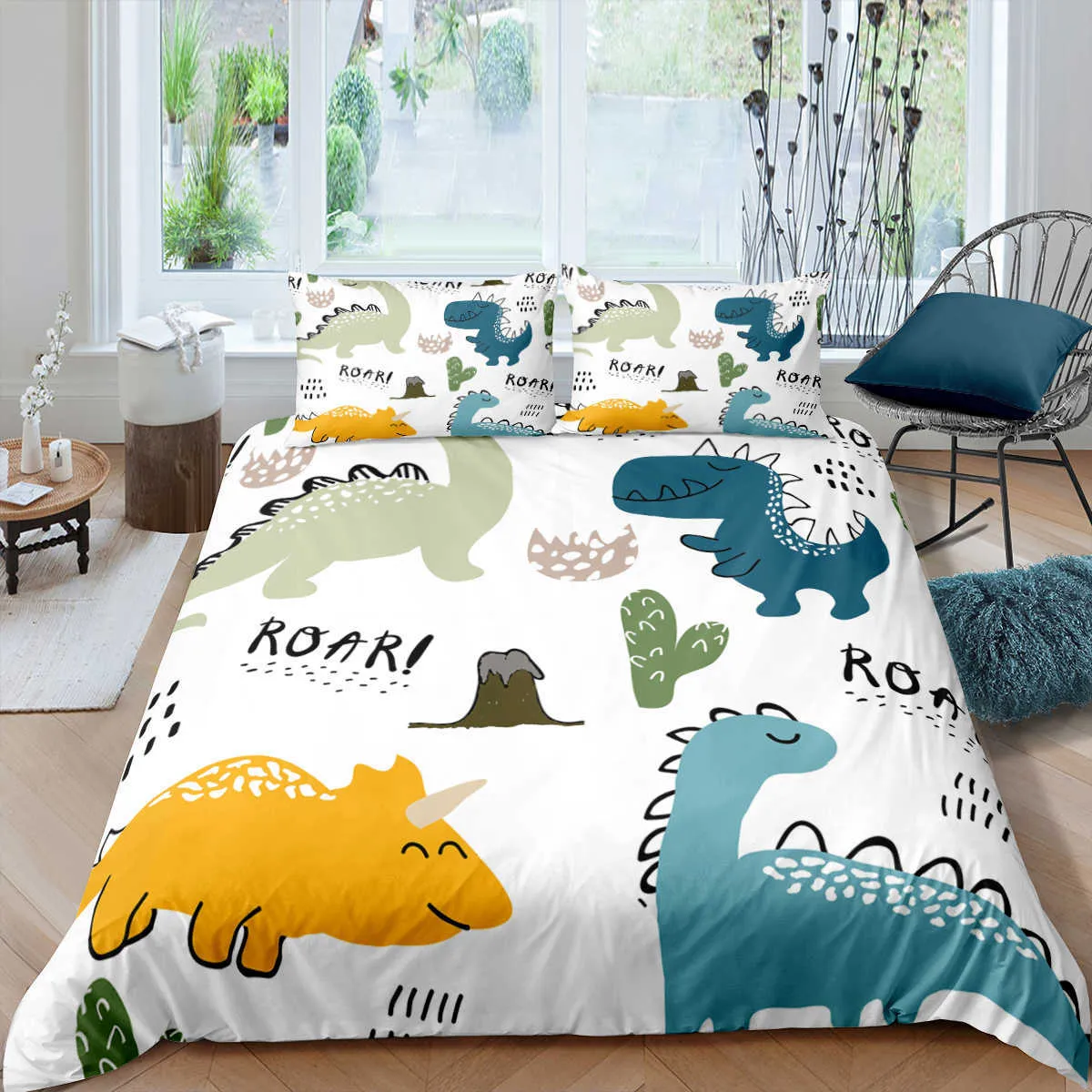 Bedding Set Duvet Cover Childish Dinosaur Cartoon Printed Bedroom Clothes for Kids With Pillowcase Double Single Size Comforter 210615