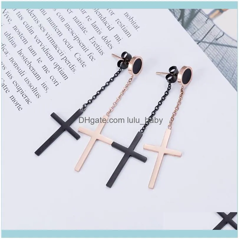 Stainless Steel Rose Gold Black Double Cross Women Drop Earrings Jewelry Gift Cut Line Fashion Trend Minimalism Dangle & Chandelier