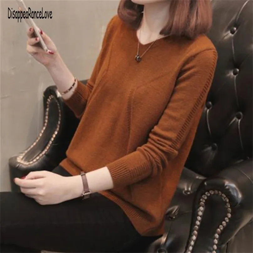 Fashion Back Button V-Neck Sweater Autumn Solid Knitted Pullover Women Slim Soft Jumper Pink Kawaii s Girl 211011