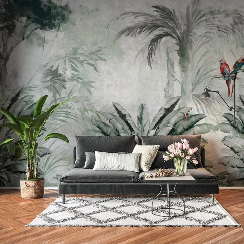 Personalizado Papel de Parede European Estilo Mão desenhada Planta Tropical Folhas Fresco Sala de estar Quarto Home Decoração Papel de Parede 3 D