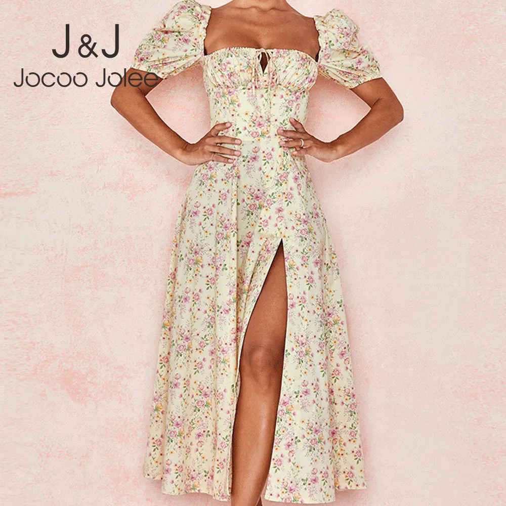 Joco jolee sexig boho blommig tryck split lång klänning elegant bubbla ärm sommar strand sundress avslappnad semester slim en linje klänning 210518