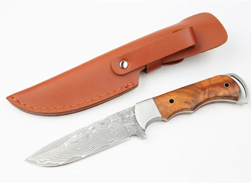 Oferta specjalna Survival Outdoor Przetrwanie Prosto Polowanie Nóż Damaszek Stalowy Drop Point Blade Full Tang Shadow Wood Handle Stałe Noże ze skórzaną osłoną