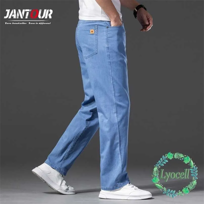 Alta qualidade Lyocell tecido leve reto solto algodão denim jeans outono marca juventude moda calças 40 42 211111