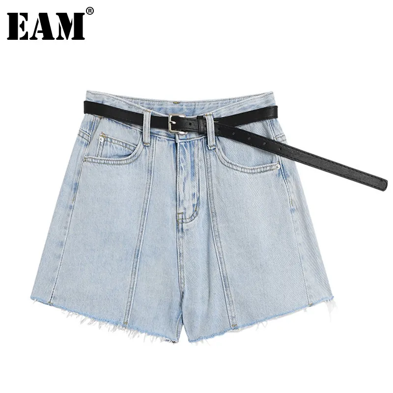[EAM] Women Casual Belt Burr Pockets Wide Leg Denim Shorts High Waist Loose Trousers Fashion Spring Summer 1DD8363 21512