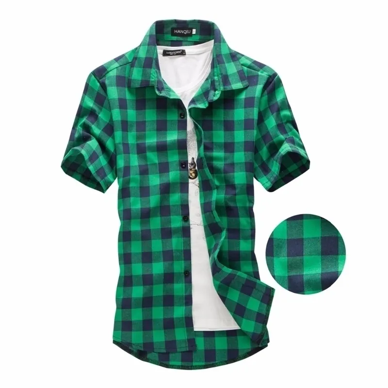 Green Plaid Shirt Men Shirts New Summer Fashion Chemise Homme Mens Checkered Shirts Short Sleeve Shirt Men Blouse 210410
