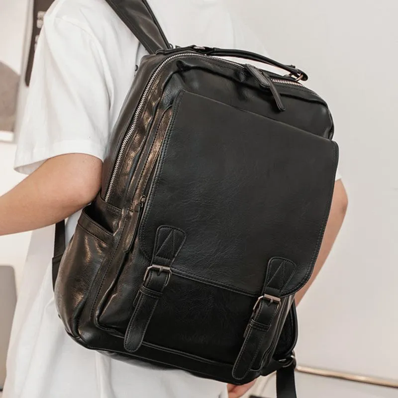 Рюкзак мода мужская водонепроницаемая искусственная кожа дорожная сумка мужчина большой емкости подросток ноутбук рюкзаки молния черный