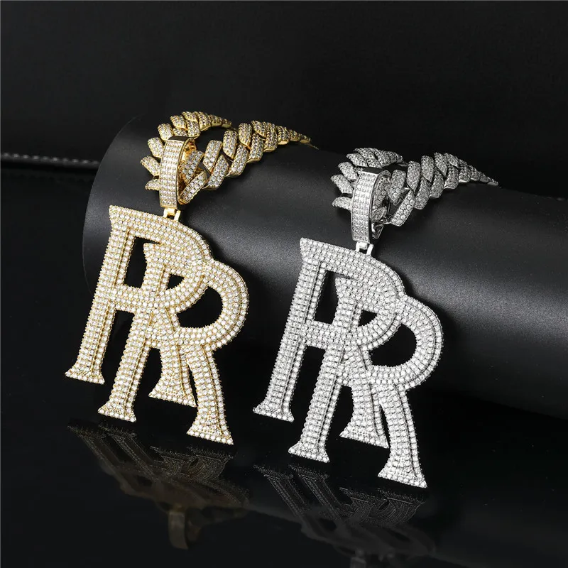 Nouveaux hommes Hip Hop collier Double R lettre pendentif glacé cubique Zircon or argent plaqué hommes Bling bijoux