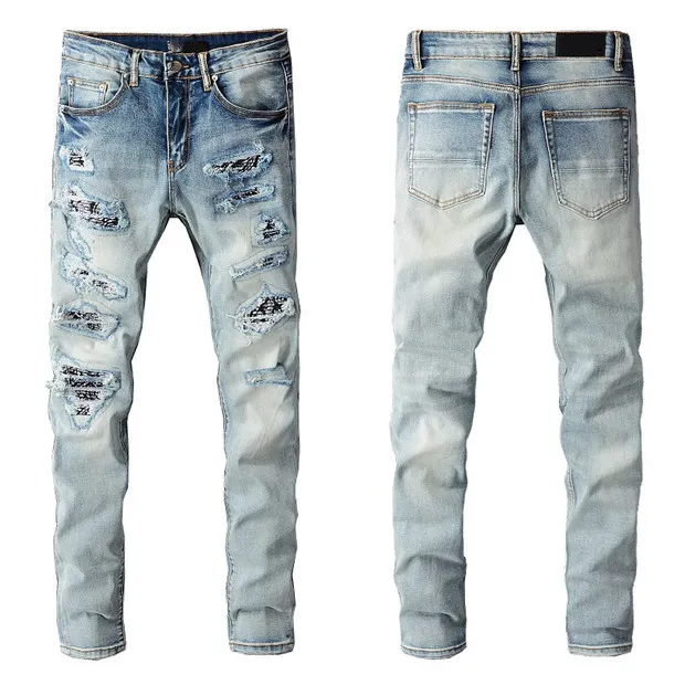 Męskie Dżinsy Designer Jean Man Hurtownie Marka Casual Ripped Slim Fit Retro Wzór Otwory Deskorolka Łączenie Prosto Motocykl Biker Stretch Hip Hop Denim Spodnie