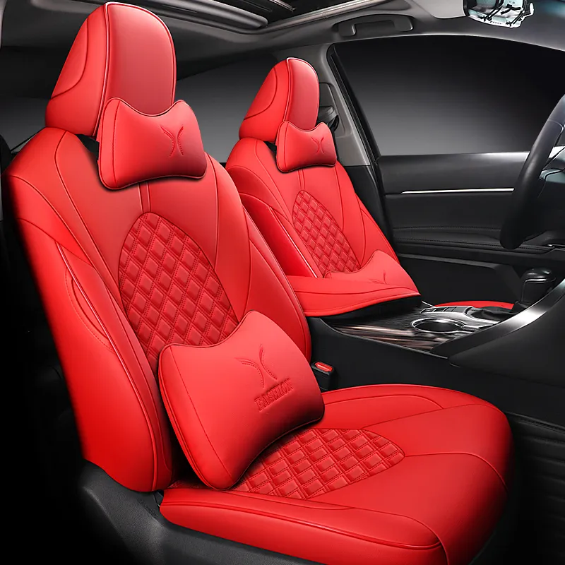 Autostoelhoezen set met lendensteun voor Toyota Camry Volledige dekking Kussen Auto-accessoires Airbag Compatibel zitkussen volledige sets -zwart rood