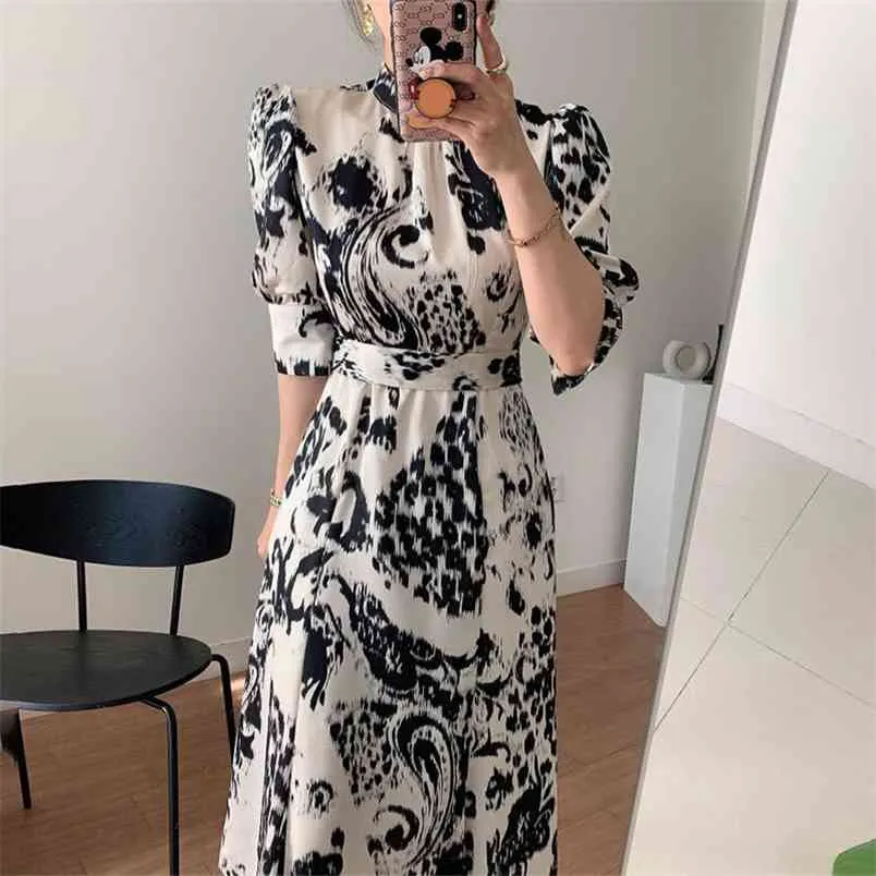 Elegant Summer Chic Printing Puff Sleeve Women's Dress Korean Clothing Vintage High Waist Casual Midi Femme 210519