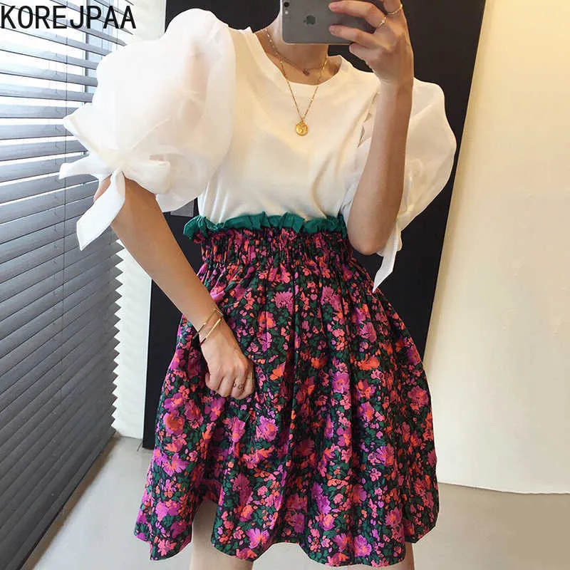 Korejpaa Frauen Sets Sommer Koreanische Chic Damen Süße Spitze Bowknot Puff Sleeve Pullover Plissee Hohe Taille Blume A-linie Rock 210526