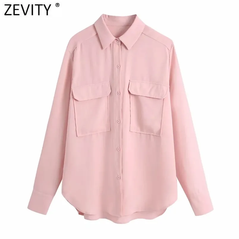 Kobiety Vintage Podwójne Kieszenie Patch Casual Smock Bluzka Kobieta Z Długim Rękawem Pojedyncze Koszulki Koszulki Chic Koszulki Topy LS9257 210420