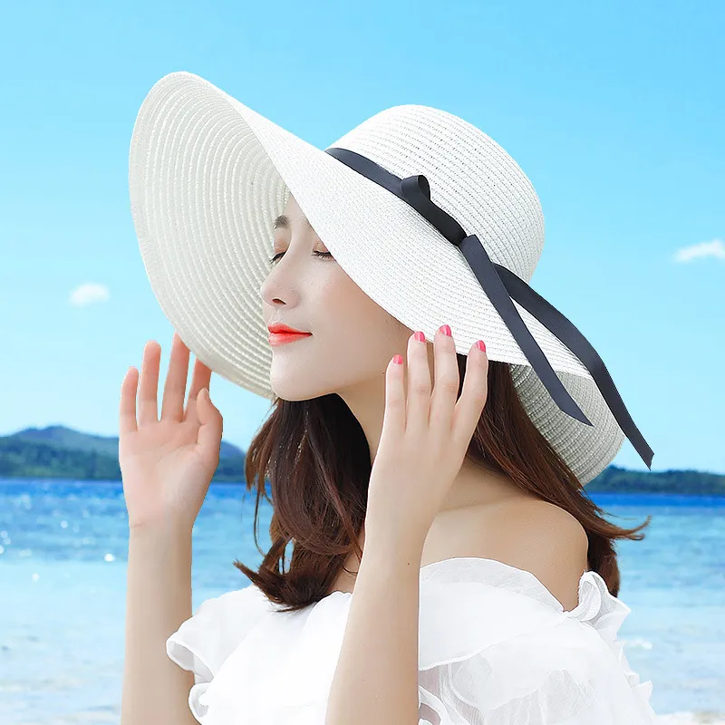 DHgate Wide Brim Straw Sun Hat for Women Packable Summer Beach Hat with Black Ribbon Bow Fashion Accessories