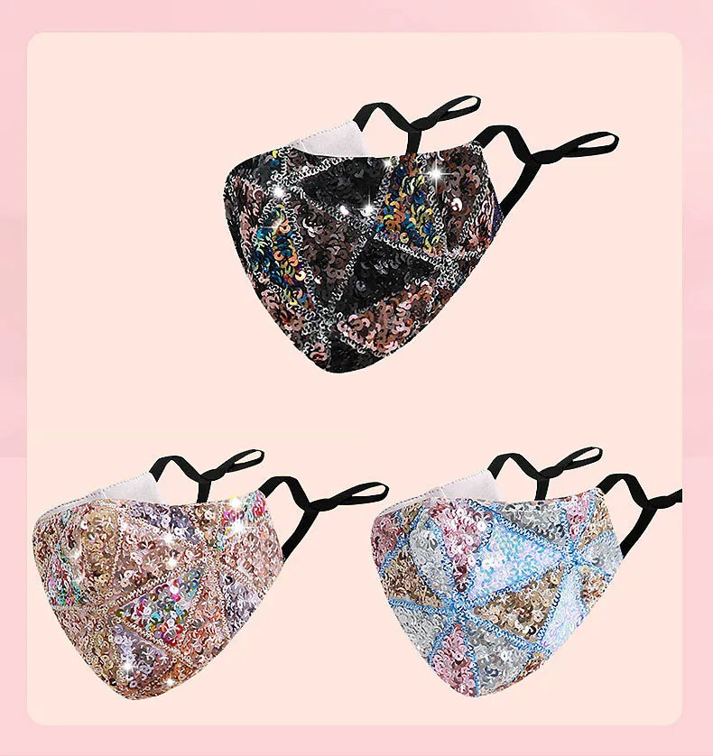 2021 Designer Masque Bling Personnalité colorée Masques de coton à paillettes Femmes Mode Respirant Couverture de couleur chaude en gros